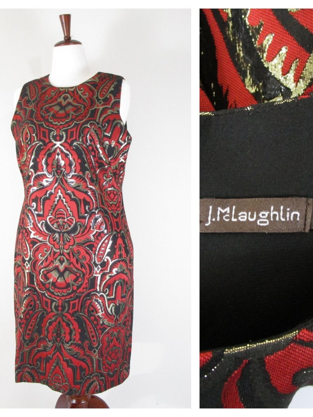 J. McLaughlin Womens Red Black Metallic Jacquard Sleeveless Sheath Dress Size 12